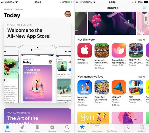 App Store的UI风格，左侧为iOS11，右侧为iOS10