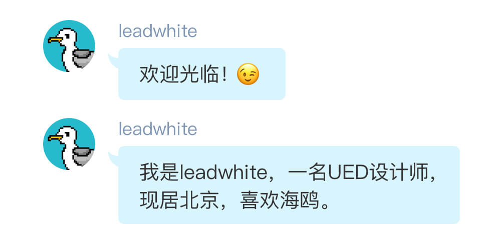 欢迎光临！我是leadwhite，一名UED设计师，现居北京，喜欢海鸥。